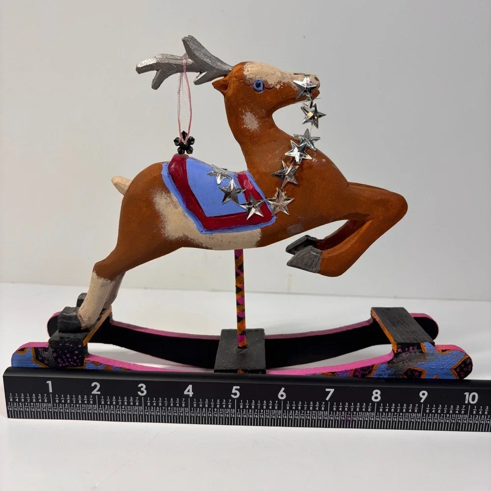 Vintage 1989 Hand Carved Wood Reindeer Folk Art Rocking Sculpture Star Motif